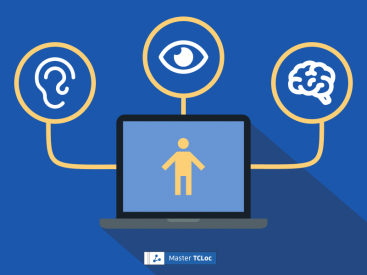 Laptop showing an access symbol of an upright person and surrounded by the symbols for impaired hearing, impaired vision, and learning/intellectual disability